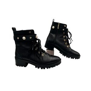 Karl Lagerfeld Paris Combat Boot 10 Black Excellent Pearl Studded Lug Sole